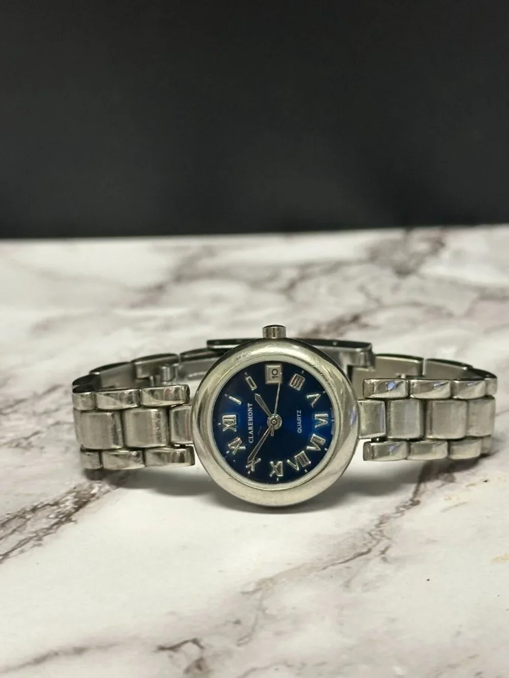 3/$30 Claremont Watch Women Silver Tone Blue Dial Date Window 24MM Round